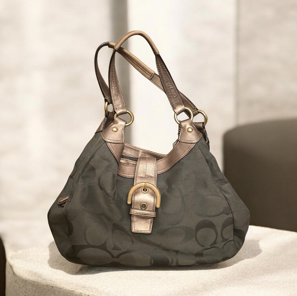 Coach Signature Olive Green Satchel Handbag with Metallic Trim